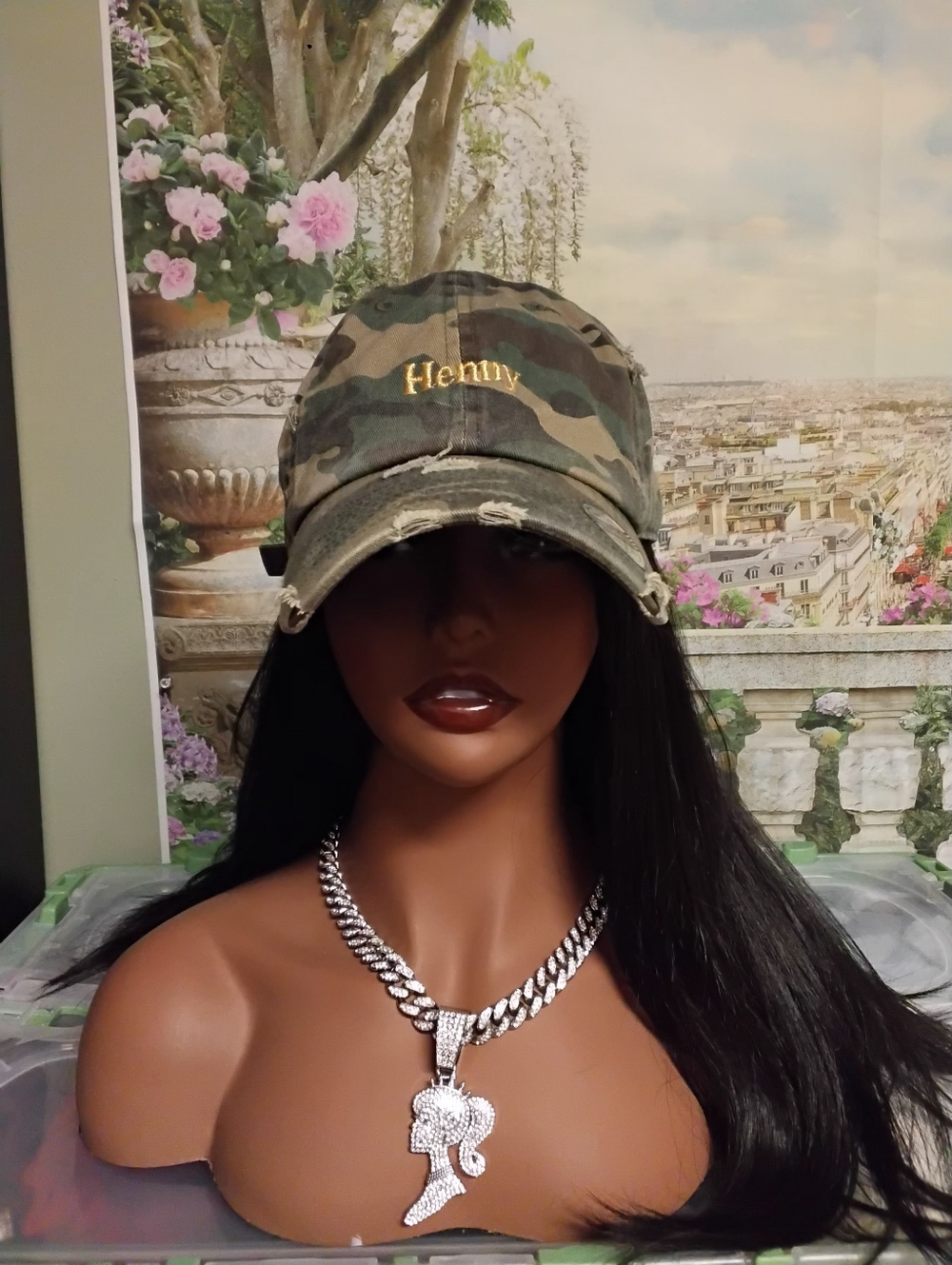 Embroidered 'Henry' Camouflage Distressed Baseball Cap - Green Camo